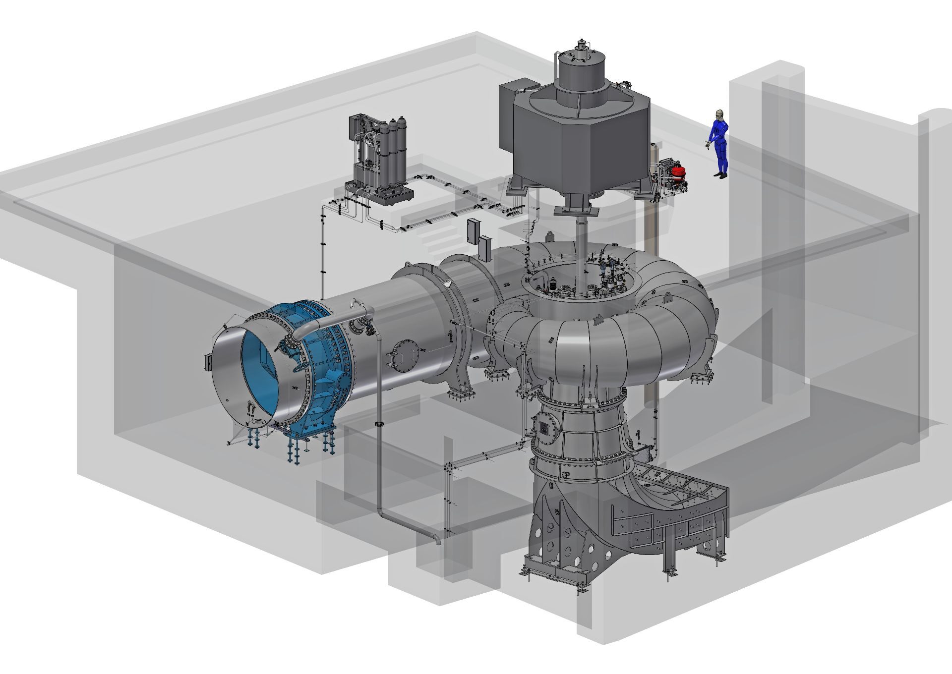 3D-Modell einer Francis-Turbine im Kraftwerksbau mit Spiralgehäuse, Generator und Absperrventil in grauer Industrieumgebung.