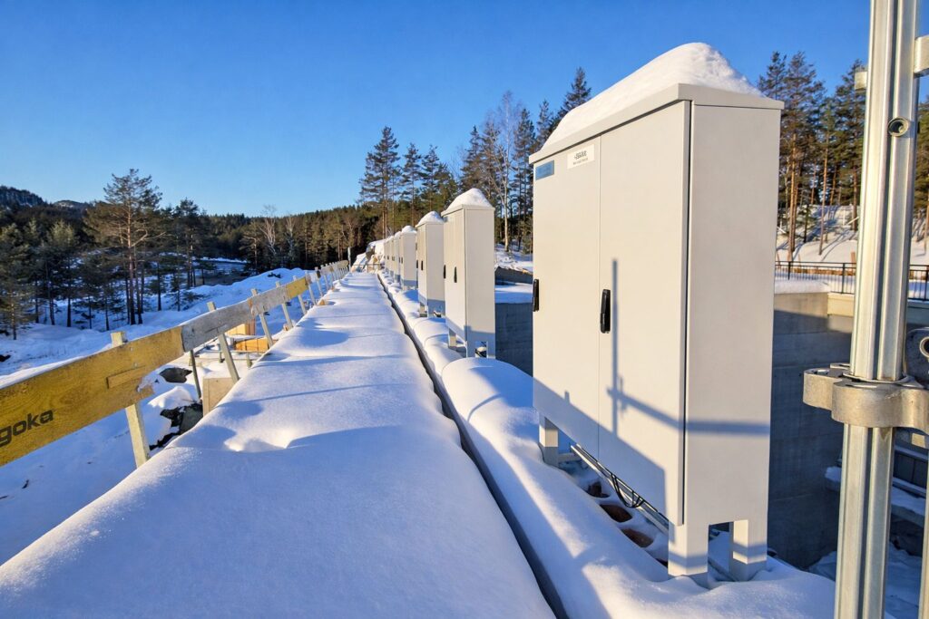 Schneebedeckte Schaltschränke der Elektroinfrastruktur an einer winterlichen Außenanlage unter blauem Himmel.