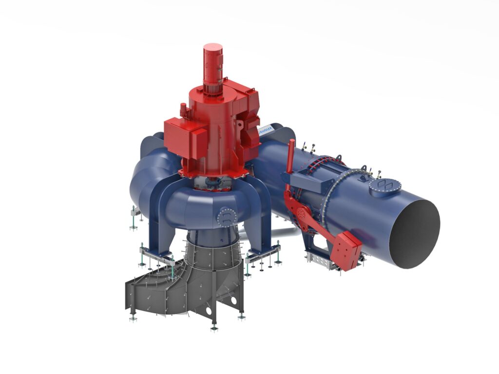Gugler Wasserturbine in Blau-Rot für das Kraftwerk Hansenhütte, detailliertes 3D-Modell mit Rohrleitung auf weißem Grund.