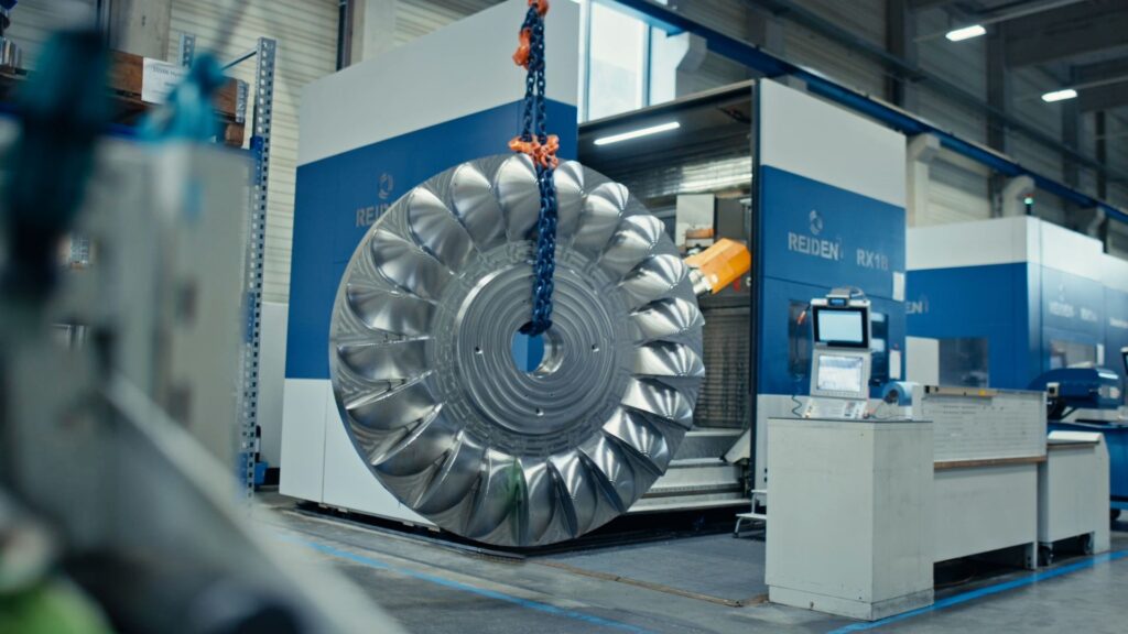 Pelton-Laufrad an einem Kran vor einer CNC-Fräse bei Global Hydro in Österreich.