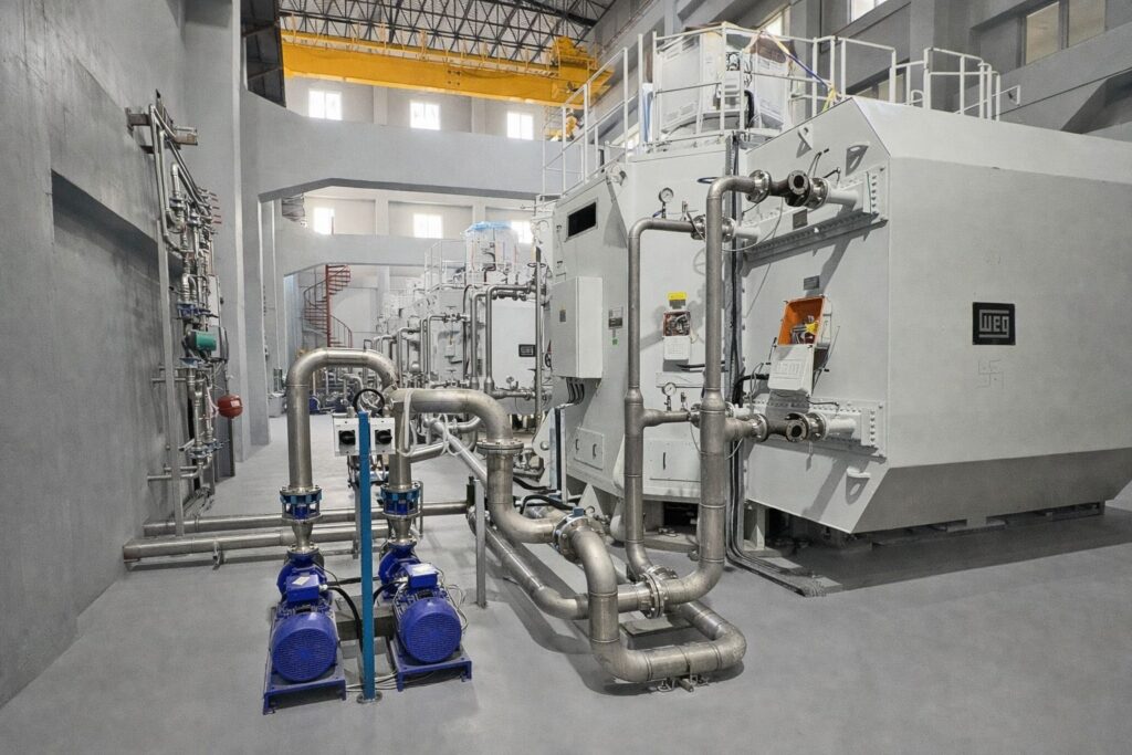 Industrielle MEWA Recyclinganlage mit großen weißen Maschinen, komplexen Rohrsystemen und blauen Pumpen in einer Werkshalle.