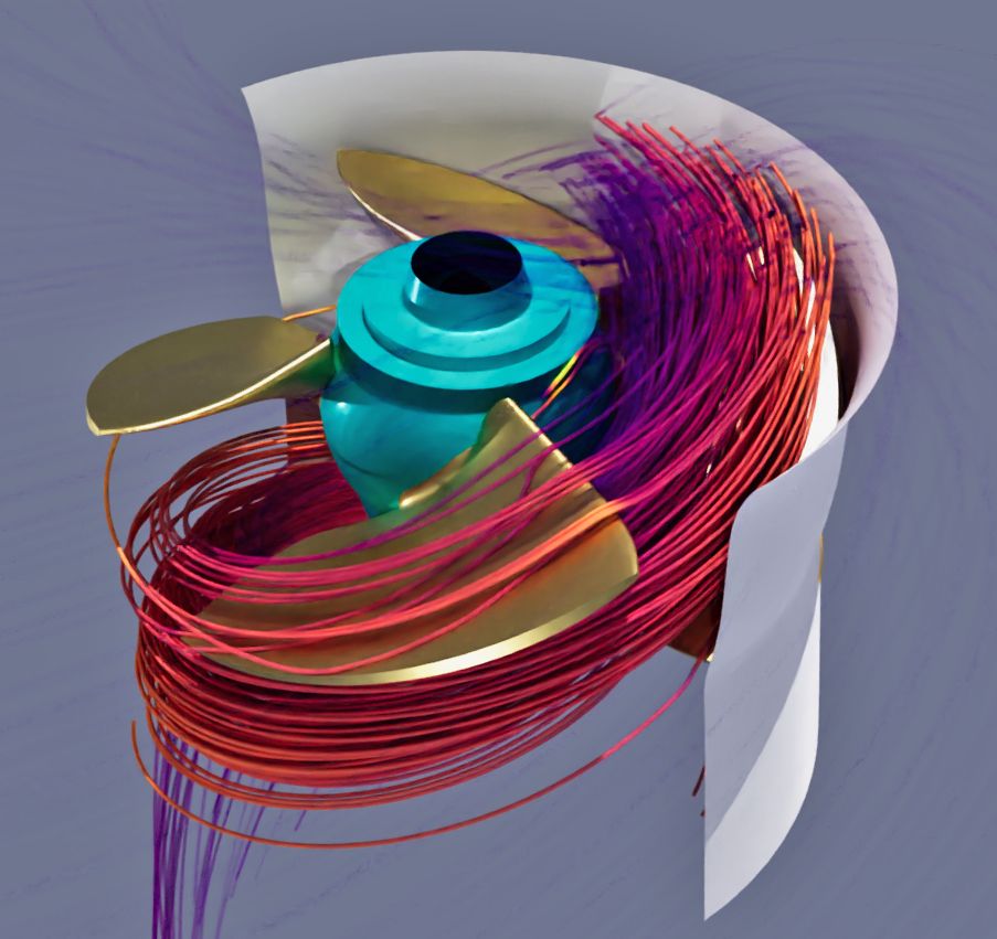 3D-Simulation eines Laufrads mit farbigen Stromlinien zur Visualisierung der herrschenden Strömungsdynamik.