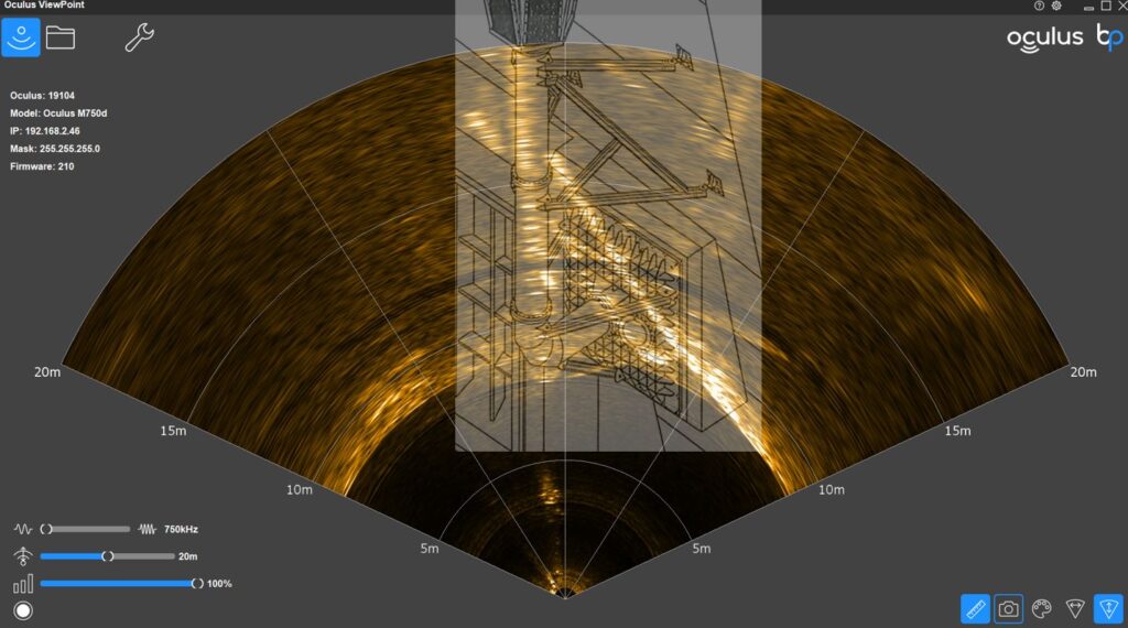 Oculus ViewPoint Sonar-Software mit Fächerecho-Darstellung einer Unterwasserstruktur und technischen Messdaten.