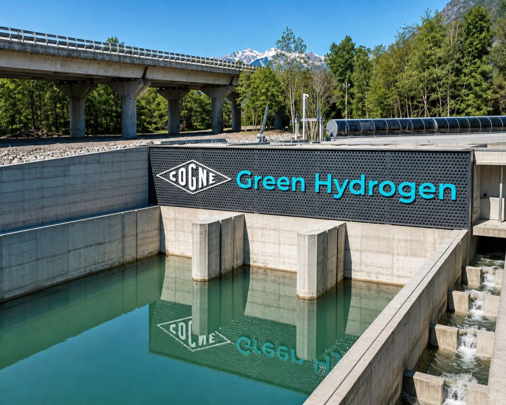 Cogne Green Hydrogen Anlage in Aosta: Schriftzug an einer Betonwand über einem Wasserbecken vor Bergpanorama.