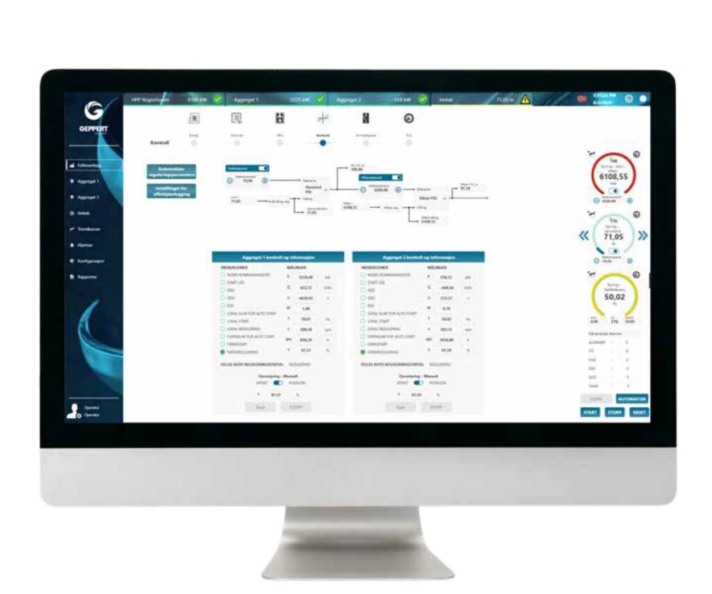 Geppert Monitoring-Software auf einem Bildschirm mit Datenvisualisierung, Diagrammen und technischem Dashboard zur Steuerung.