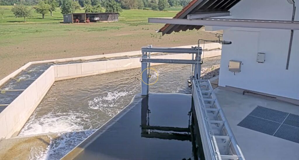 Wasserbauwerk mit Leerschuss und Fischaufstiegshilfe (FAH) in Betonbecken neben einem weißen Gebäude im Grünen.