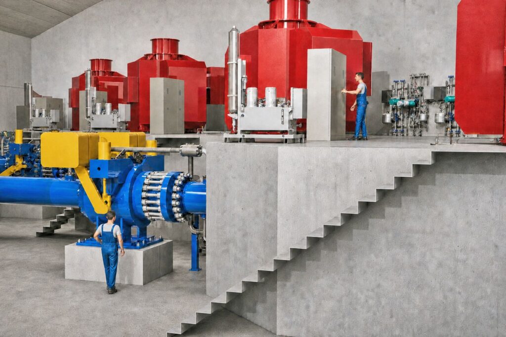 3D-Rendering der Industrieanlage Las Penas mit roten Generatoren, blauen Rohrleitungen und Technikern in einer Werkhalle.