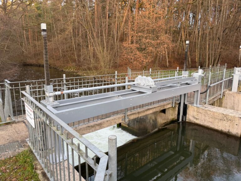 Stauwehr Eisenhammer mit grauer Metallkonstruktion und Zahnstangen vor einem herbstlichen Wald am fließenden Wasser.