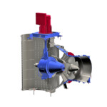 Schnittansicht eines Maschinensatzes bestehend aus Kaplan-Pit-Turbine, Kegelradgetriebe und Generator. Maschinensatz Muldestausee